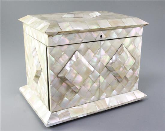 A Victorian mother of pearl and ivory work casket, width 12in. depth 8.75in. height 9in.